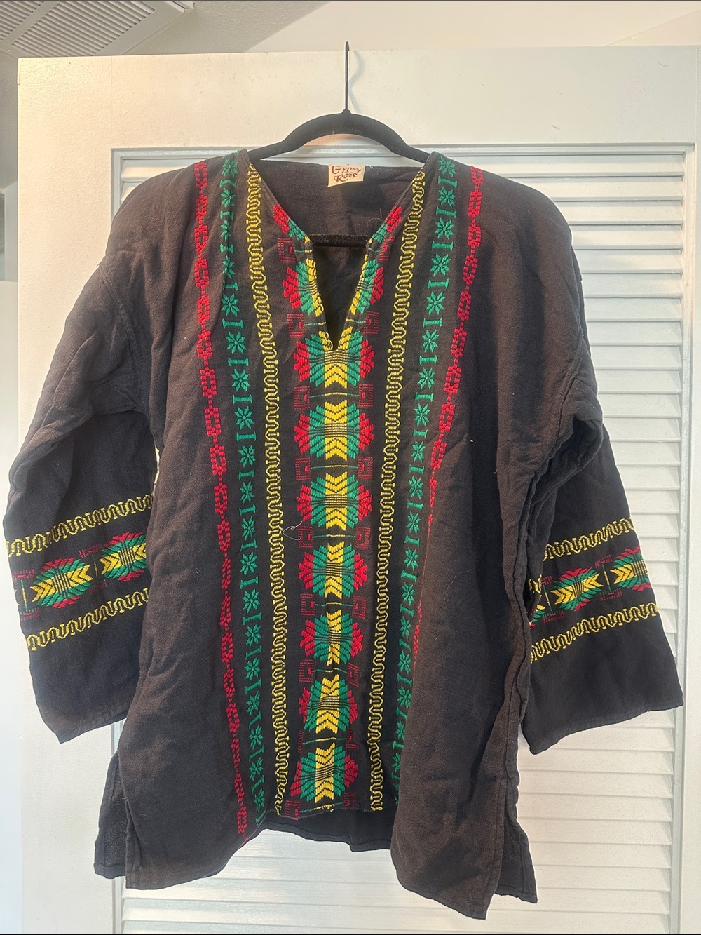 Embroidered Black Boho Blouse with Multicolor Folk Trim